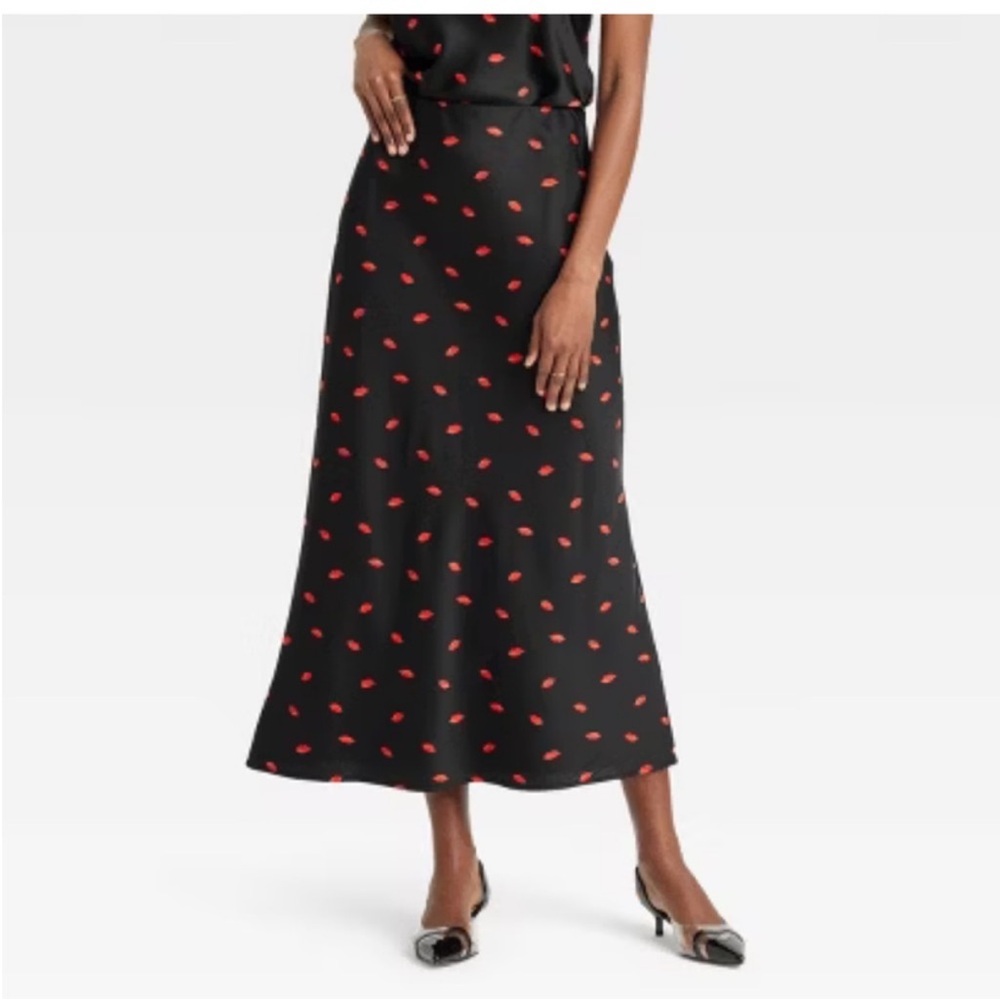 A New Day Black with Red Lips Maxi Skirt